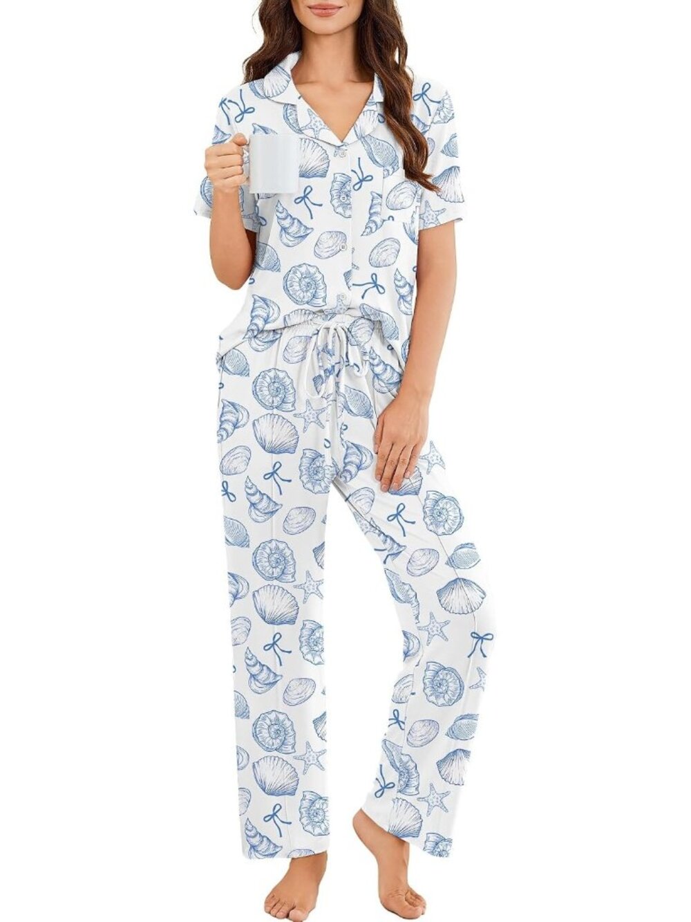 Women White Blue Button Up Short Sleeve Shirt Sleepwear Pajamas Set